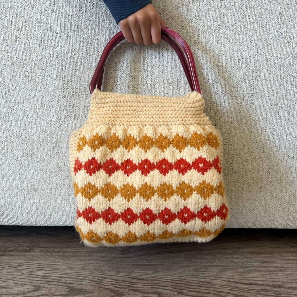 Vintage Hand Knit Chevron Diamond Tote Bag with Lucite Handles